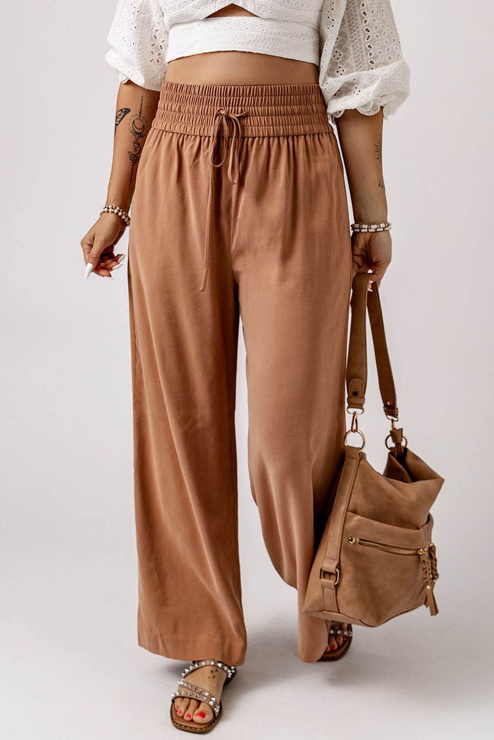 Drawstring Smocked Waist Wide Leg Pants Brown Trendsi 9d4a2b1c75314bc6b57968d9278f23f4-Max
