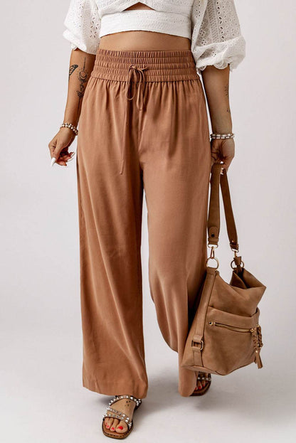 Drawstring Smocked Waist Wide Leg Pants Brown Trendsi 9d4a2b1c75314bc6b57968d9278f23f4-Max