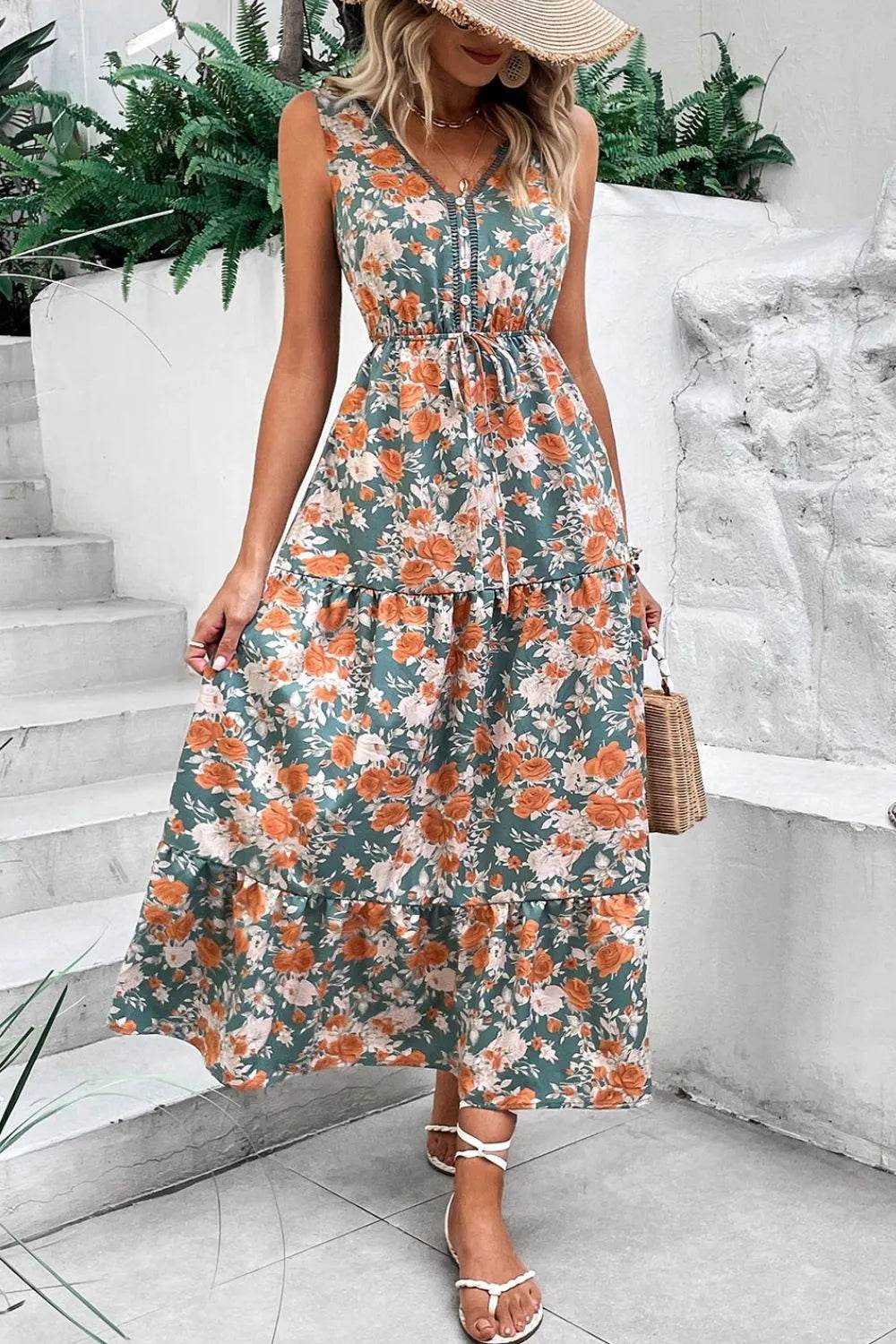 Floral Print Trimmed V Neck Tie Waist Sleeveless Dress Floral Trendsi 9d52ed37-4d7d-4dfc-9c66-749e4a7c2d96-Max-Origin