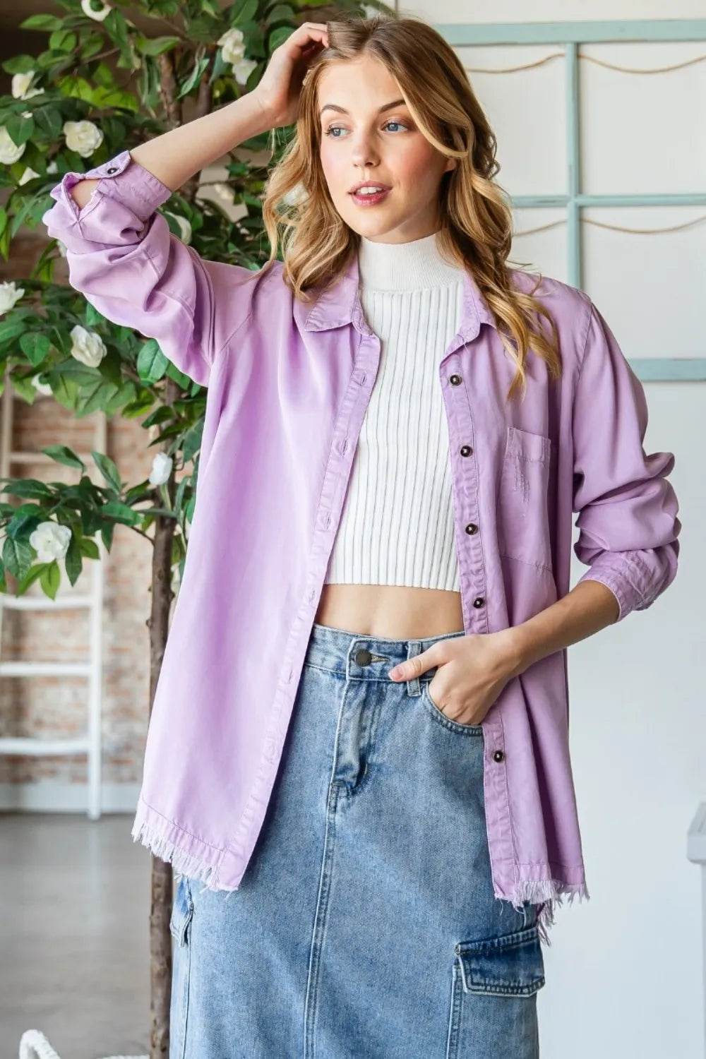 Veveret Raw Hem Button Up Long Sleeve Shirt Trendsi 9d87bd3d-e323-4508-be56-8f785e7c5e3f-Max