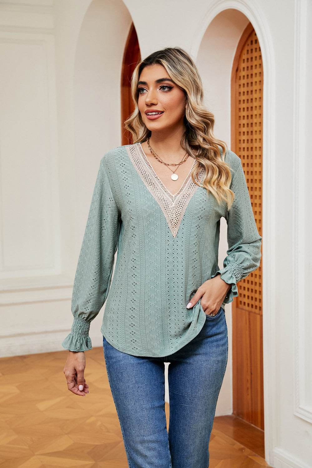 Contrast Flounce Sleeve Blouse Gum Leaf Trendsi 9d8f141fffb04f479b96e8e7ff6bd42a-Max