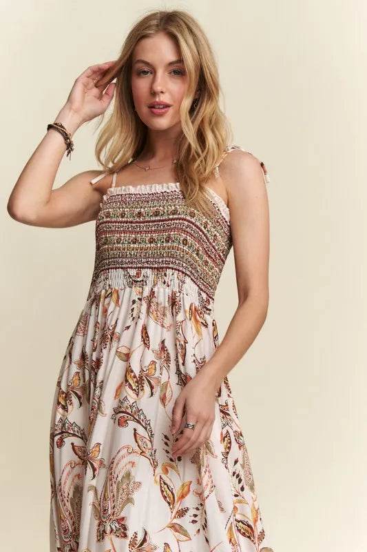 ADORA Smocked Printed Square Neck Tie Shoulder Cami Dress Trendsi 9dd45609-2b18-4fed-9bc8-1847f9d9a435-Max