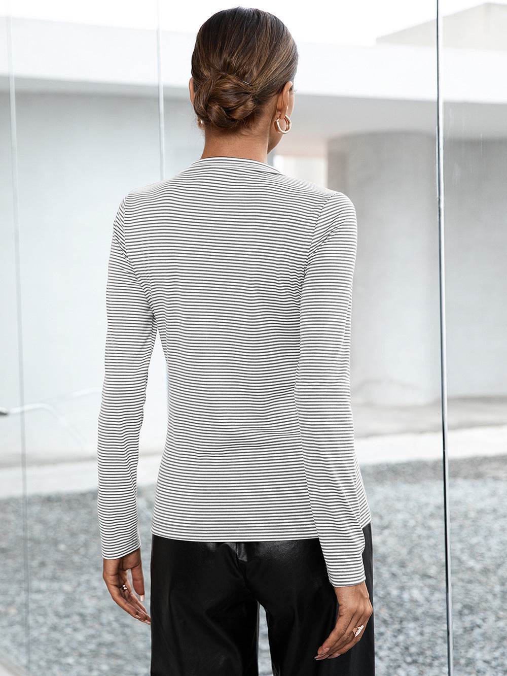 Ivy Lane Striped Buttoned V-Neck Long Sleeve Top Trendsi 9dee2b2f29934c93b5b5ee9e5cf1bfe6-Max