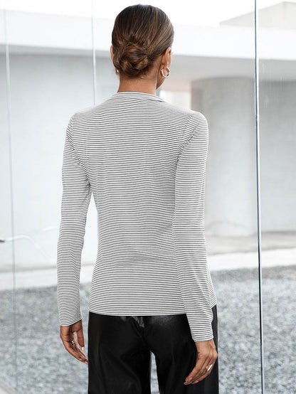 Ivy Lane Striped Buttoned V-Neck Long Sleeve Top Trendsi 9dee2b2f29934c93b5b5ee9e5cf1bfe6-Max