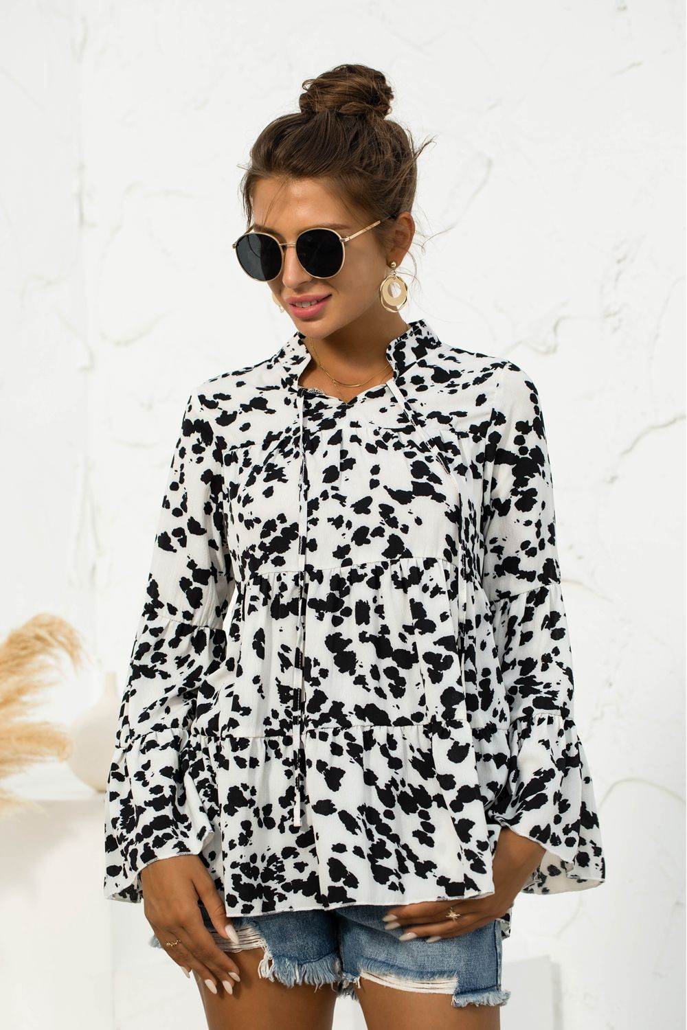 Printed Flare Sleeve Tie Neck Ruffle Trim Blouse Trendsi 9df3738188b74d0ba49492641e494b42-Max