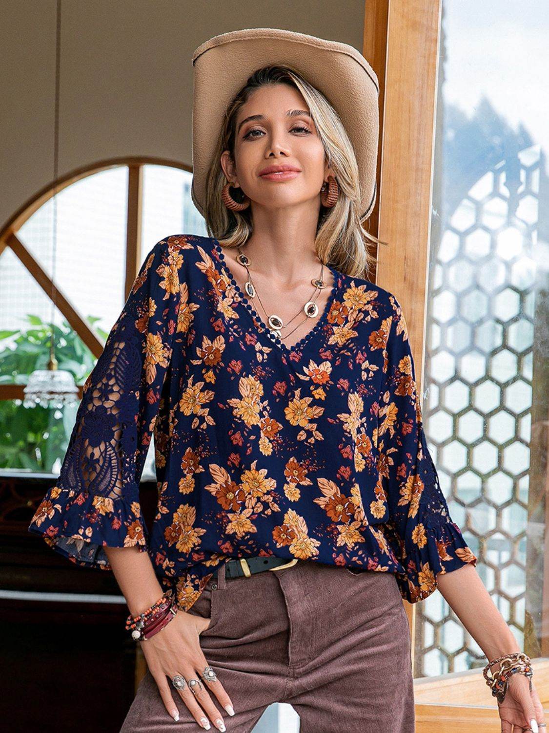 Floral V-Neck Crochet Blouse Trendsi 9dfe52707b3d4239812e91a3d7b62740-Max