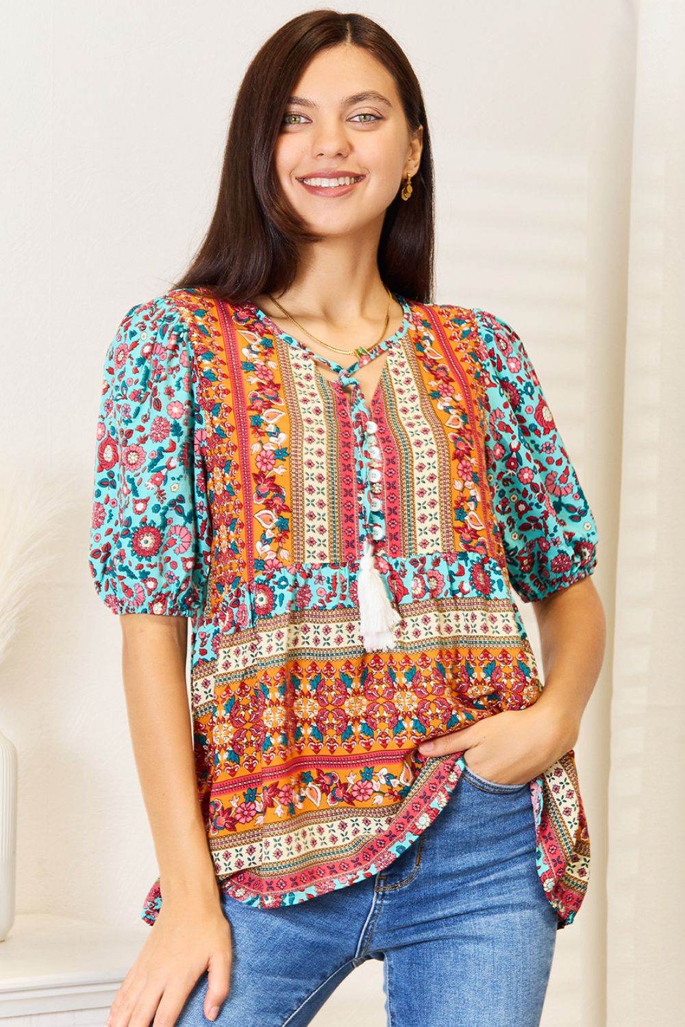 Devine Bohemian Tassel Tie Puff Sleeve Babydoll Blouse Light Blue Trendsi 9e14d7fea1494a80b507b4fdef76dee4-Max