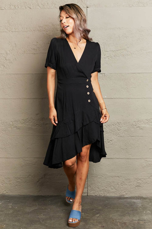 Perfee Decorative Button Surplice Ruffle Hem Dress Black Trendsi 9e15e2b151d740a8a654a12f536d8613-Max
