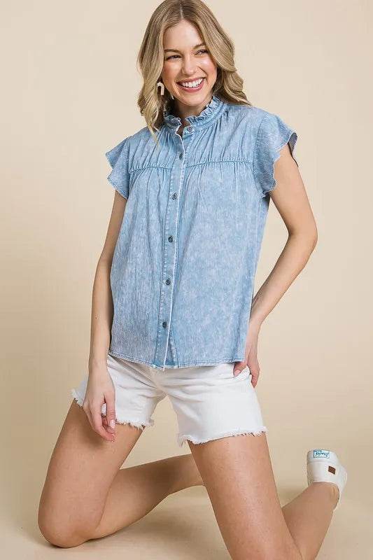 Lime 'N' Chili Mineral Wash Flutter Sleeve Button Down Shirt LT DENIM Trendsi 9e234503-fa3d-4724-a713-9cb40d3dbbca-Max