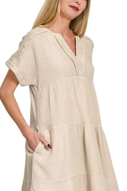 Zenana Washed Double Gauze Raw Edge V-neck Dress Trendsi 9e4a4621-fa2f-4111-a2cb-d8b5e49b9274-Max-Origin
