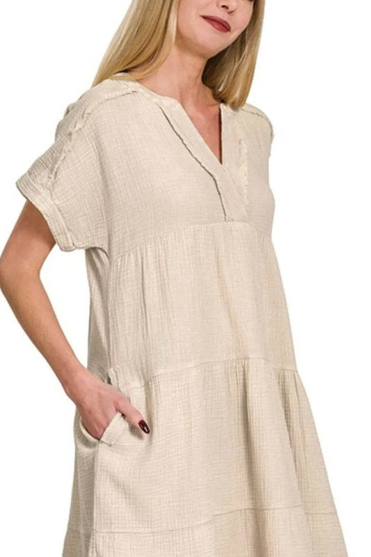 Zenana Washed Double Gauze Raw Edge V-neck Dress Trendsi 9e4a4621-fa2f-4111-a2cb-d8b5e49b9274-Max-Origin