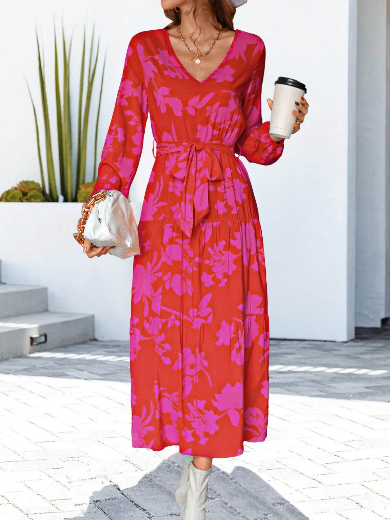 Floral V-Neck Long Sleeve Dress Trendsi 9e53b346eabe4447988e855a2dae9b8c-Max