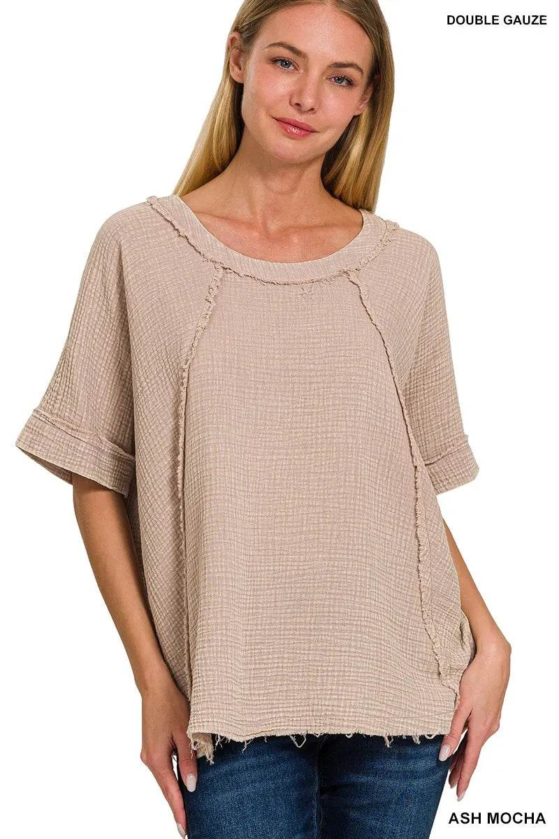 Zenana Washed Double Gauze Exposed Seam Short Sleeve Top Trendsi 9e88a157526f47c288111627eb50f127-Max-Origin