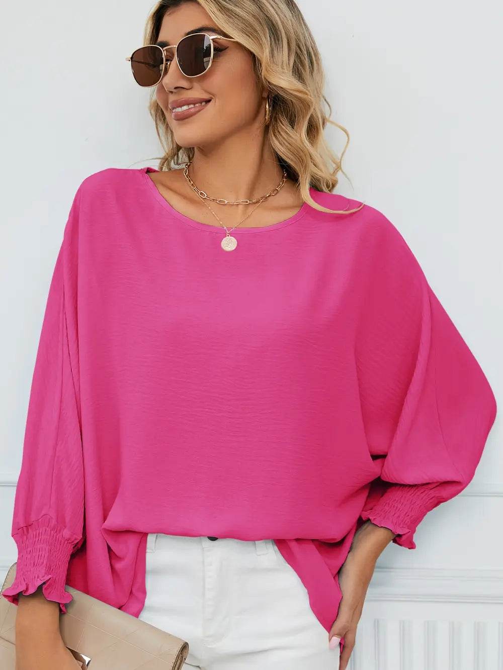 Smocked Lantern Sleeve Round Neck Blouse Trendsi 9ea5f136ff2e4c52b3ff8426e06f669e-Max