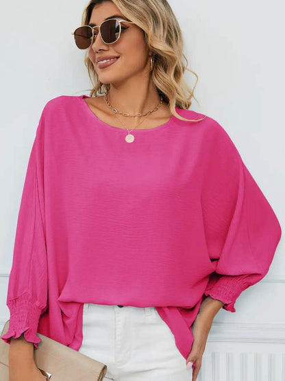 Smocked Lantern Sleeve Round Neck Blouse Trendsi 9ea5f136ff2e4c52b3ff8426e06f669e-Max