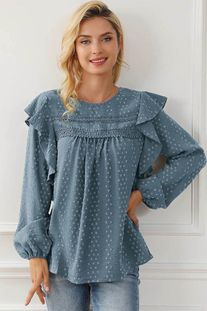 Round Neck Ruffled Blouse Trendsi 9ea6b90353fc4227875f149226bdd0b7-Max