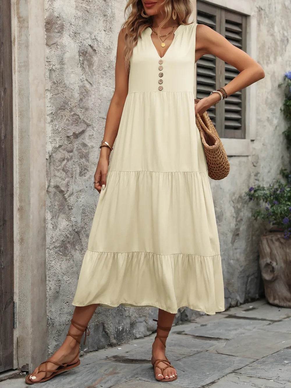 Ivy Lane Decorative Button Notched Sleeveless Dress Trendsi 9eac371e-e6b1-48a3-b991-1d4bcc2a2522-Max