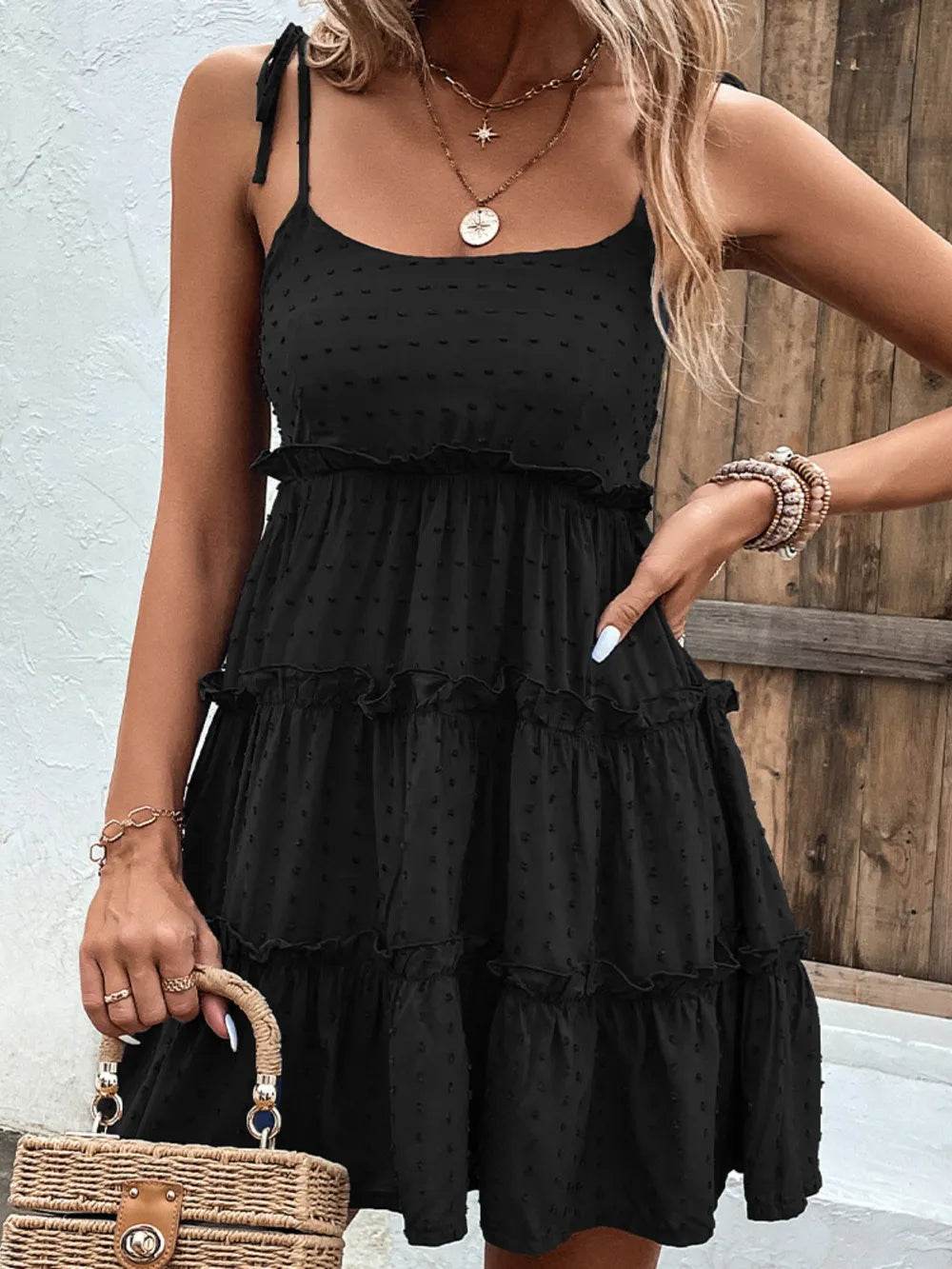 Shiny Frill Spaghetti Strap Tiered Dress Black Trendsi 9eea854d-364e-4def-9e3b-20c1a17f7630-Max