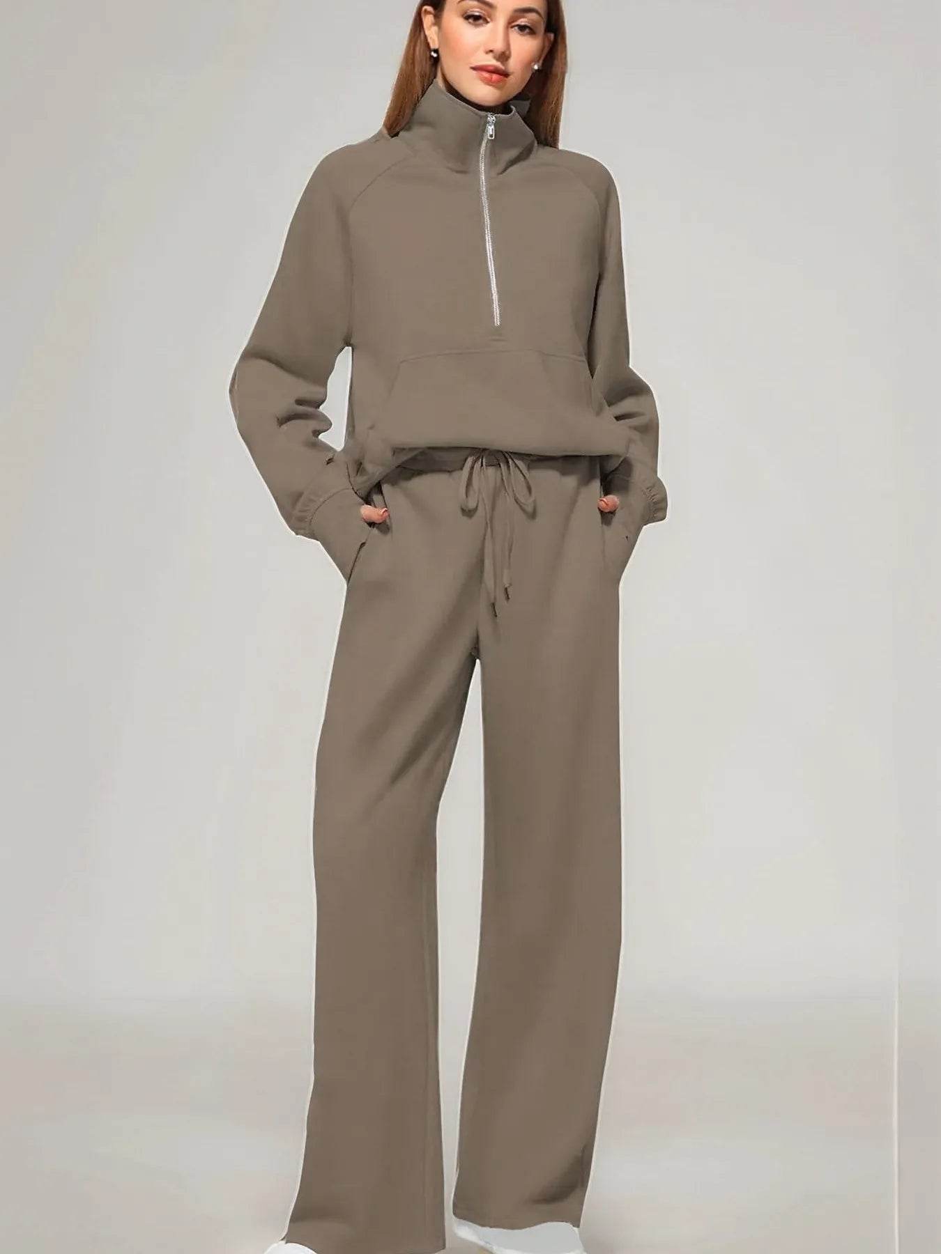 Half Zip Long Sleeve Top and Pants Set Brown Trendsi 9efb2a4668e64890906713cb580245f6-Max-Origin