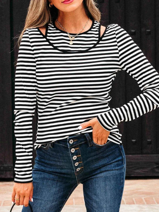 Stripe Double-layer Cold Shoulder Long Sleeve Top Stripe Trendsi 9f37b25b-ed22-4b45-8105-3429e941ea73-Max-Origin