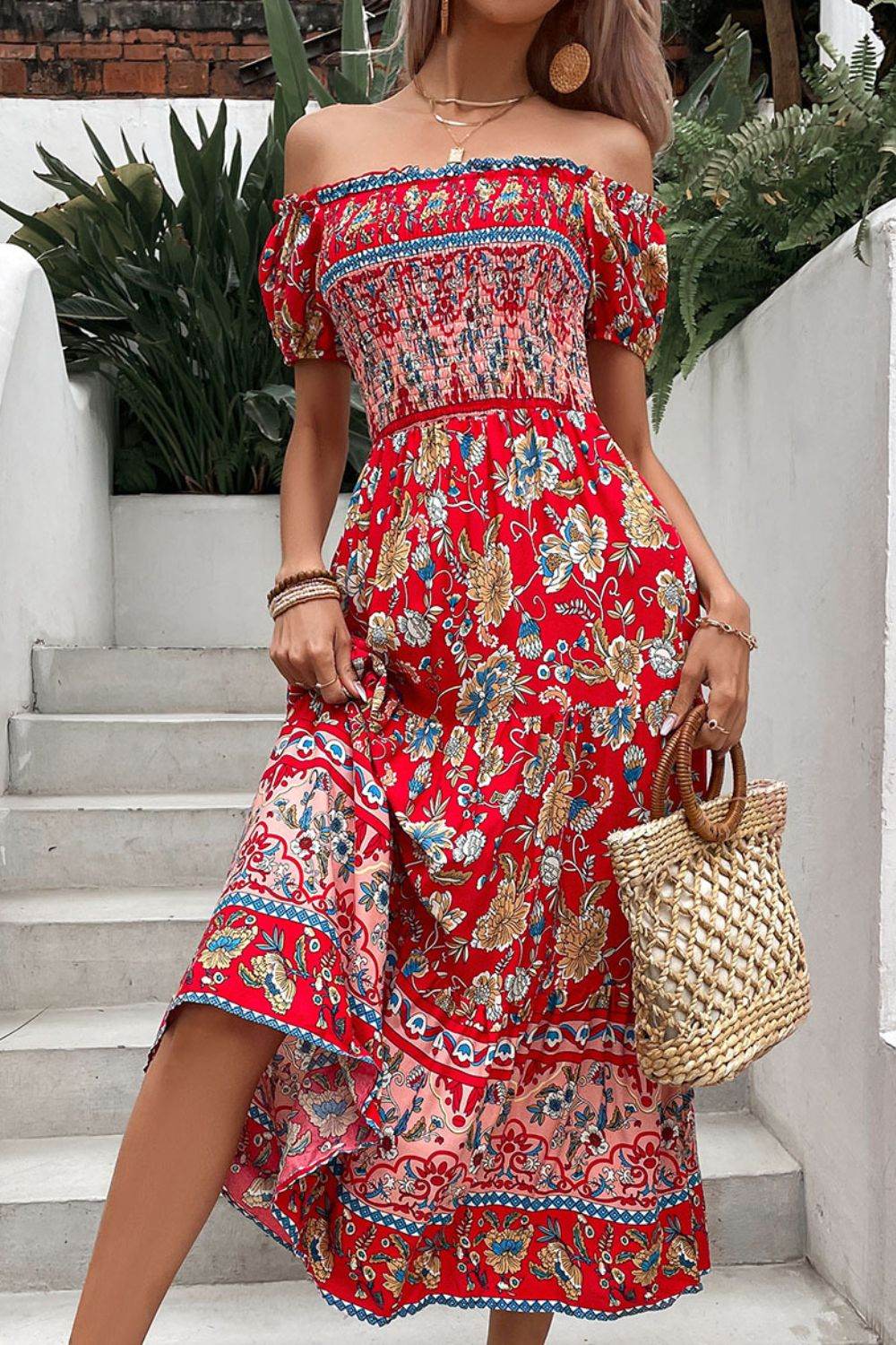 Perfee Floral Off-Shoulder Smocked Midi Dress Trendsi 9f3b5ef9fa2645a494fd0d166fbc2d1f-Max