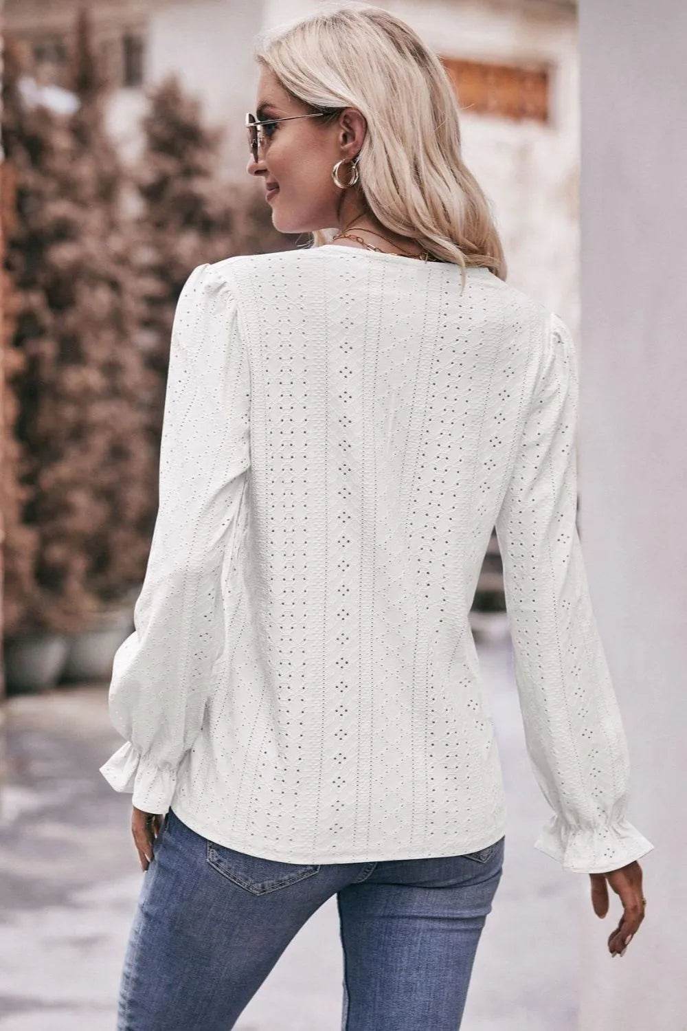 Mandy Eyelet V-Neck Flounce Sleeve Blouse Trendsi 9f468ad8-2a9a-4615-a993-e0cb13b03773-Max
