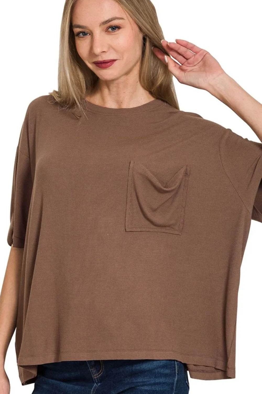 Zenana Oversized Ribbed Round Neck Short Sleeve Tee BROWN Trendsi 9f4c36b0-79e5-452e-a242-f833b1f7fea6-Max-Origin