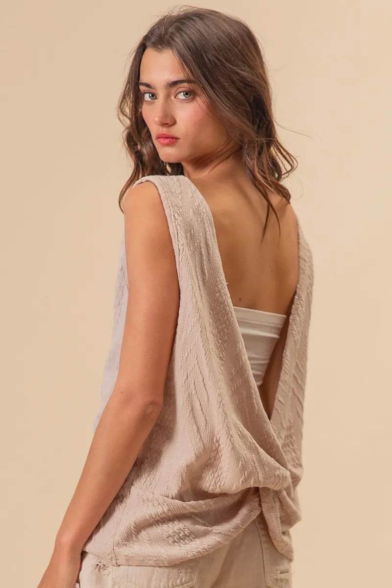 BiBi Textured Sweather Knit Twist Back Sleeveless Top LT TAUPE Trendsi 9f7f20ac9f7948d9bd88d835e7cc786c-Max-Origin