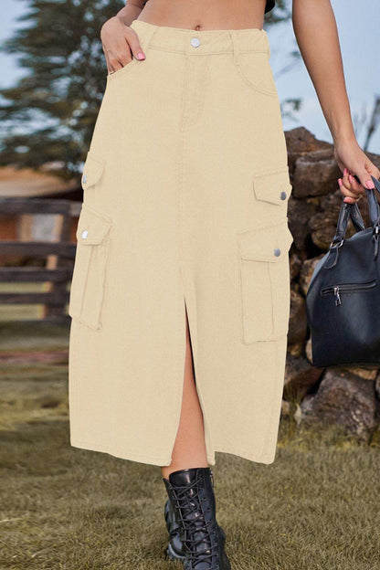 Slit Front Midi Denim Skirt with Pockets Tan Trendsi 9f84edcf2eb342c4a1f2d6be77a6e840-Max