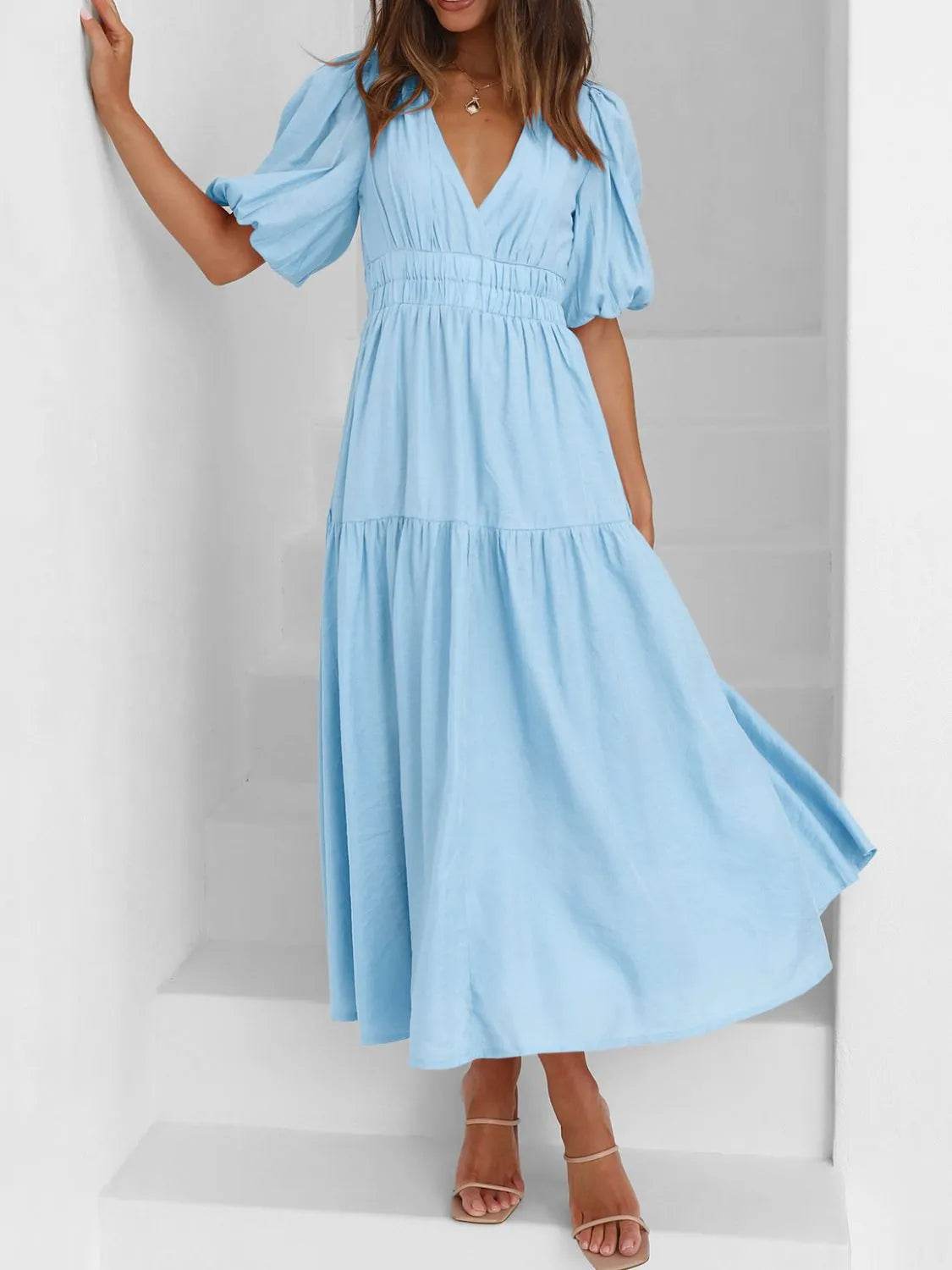 V-Neck Puff Sleeve Midi Dress Light Blue Trendsi 9f956dc4-8440-4256-ade2-378a633f82fd-Max-Origin