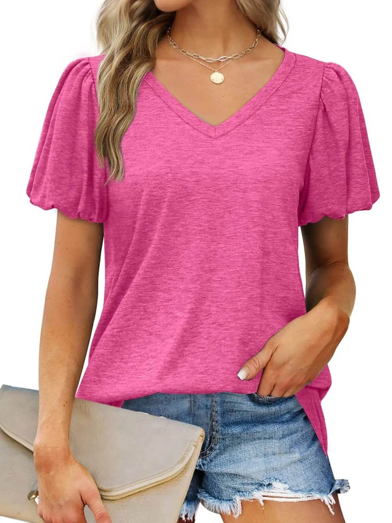V-Neck Puff Sleeve Casual T-Shirt Rose Red Trendsi 9fa7617cd9604e5096cfb2188758408c-Max-Origin