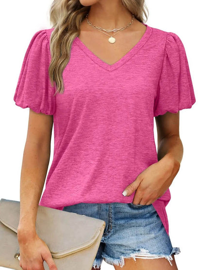 V-Neck Puff Sleeve Casual T-Shirt Rose Red Trendsi 9fa7617cd9604e5096cfb2188758408c-Max-Origin