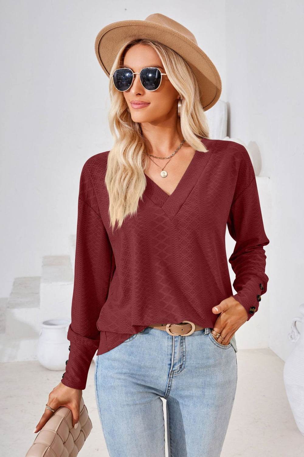 V-Neck Long Sleeve Blouse Burgundy Trendsi 9fe5d65072144c01964a03b978a1afbf-Max