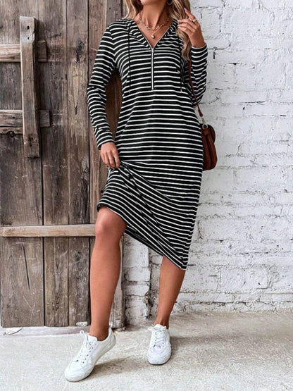 Striped Zip Front Hooded Dress Black Trendsi 9ffac47e13fb4598b7d6ded382ff8f10-Max