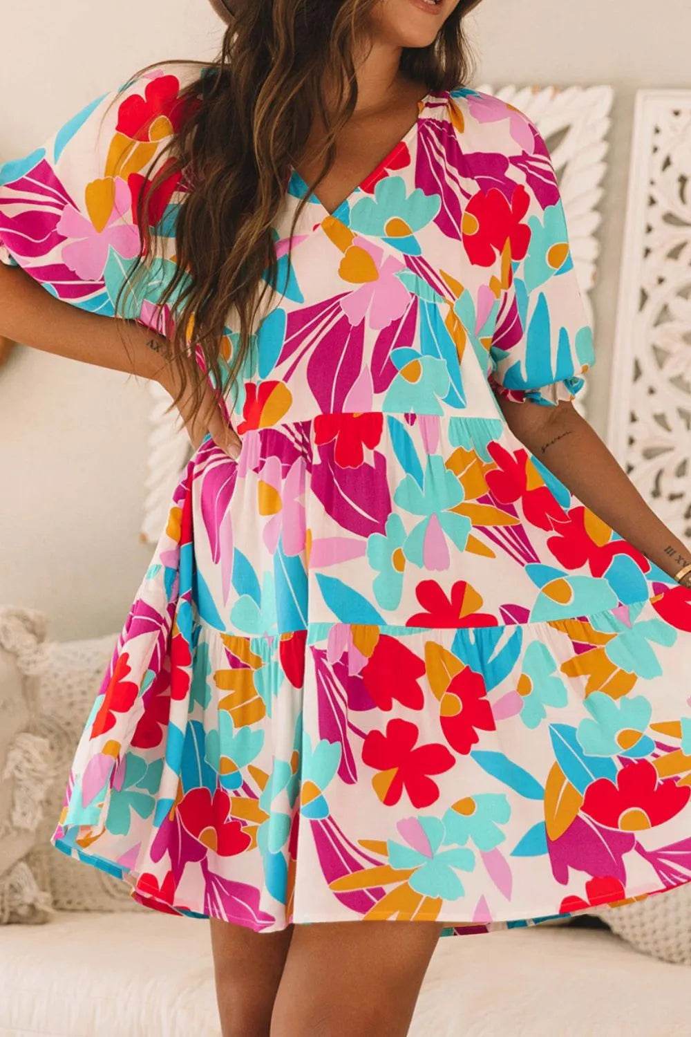 Floral Bubble Sleeve V Neck Tiered Ruffle Babydoll Dress Trendsi a006b394-984e-47e7-be77-f07a5e7168e2-Max-Origin