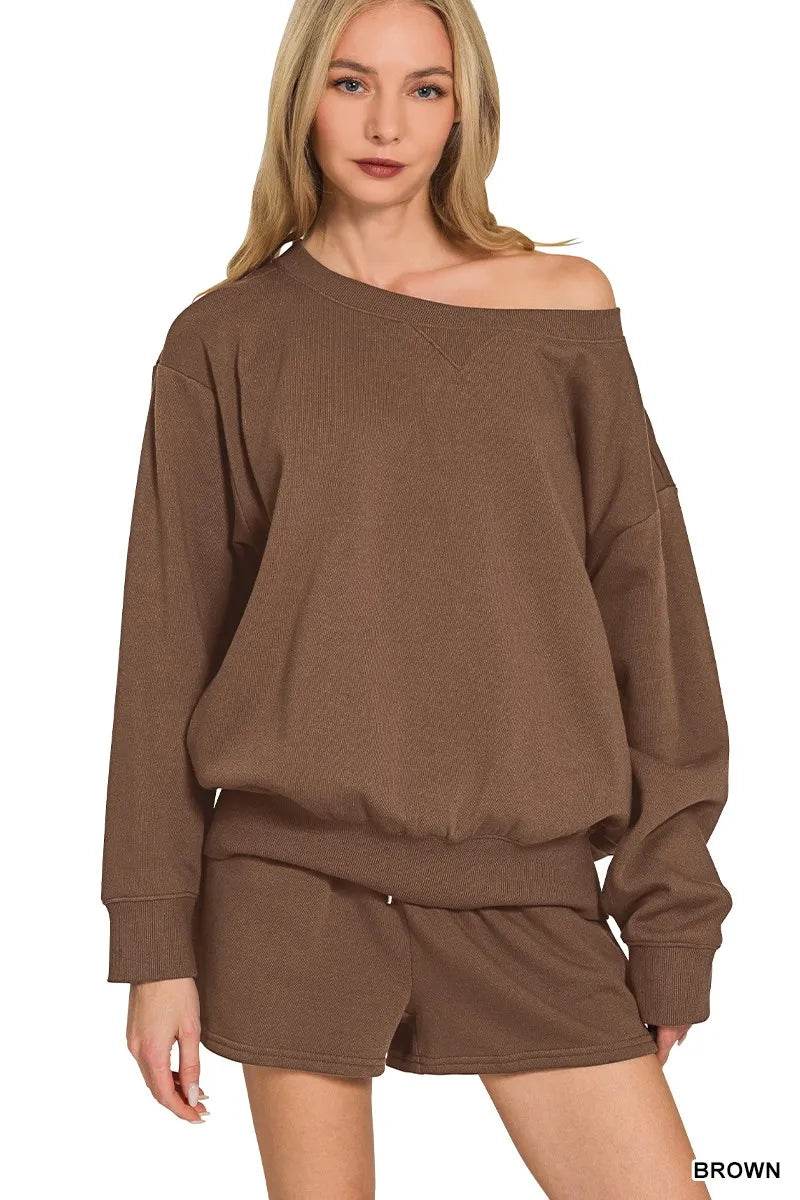 Zenana Fleece Boat Neck Sweatshirt and Shorts Set BROWN Trendsi a00b687da2074706aae28f46408c011c-Max-Origin