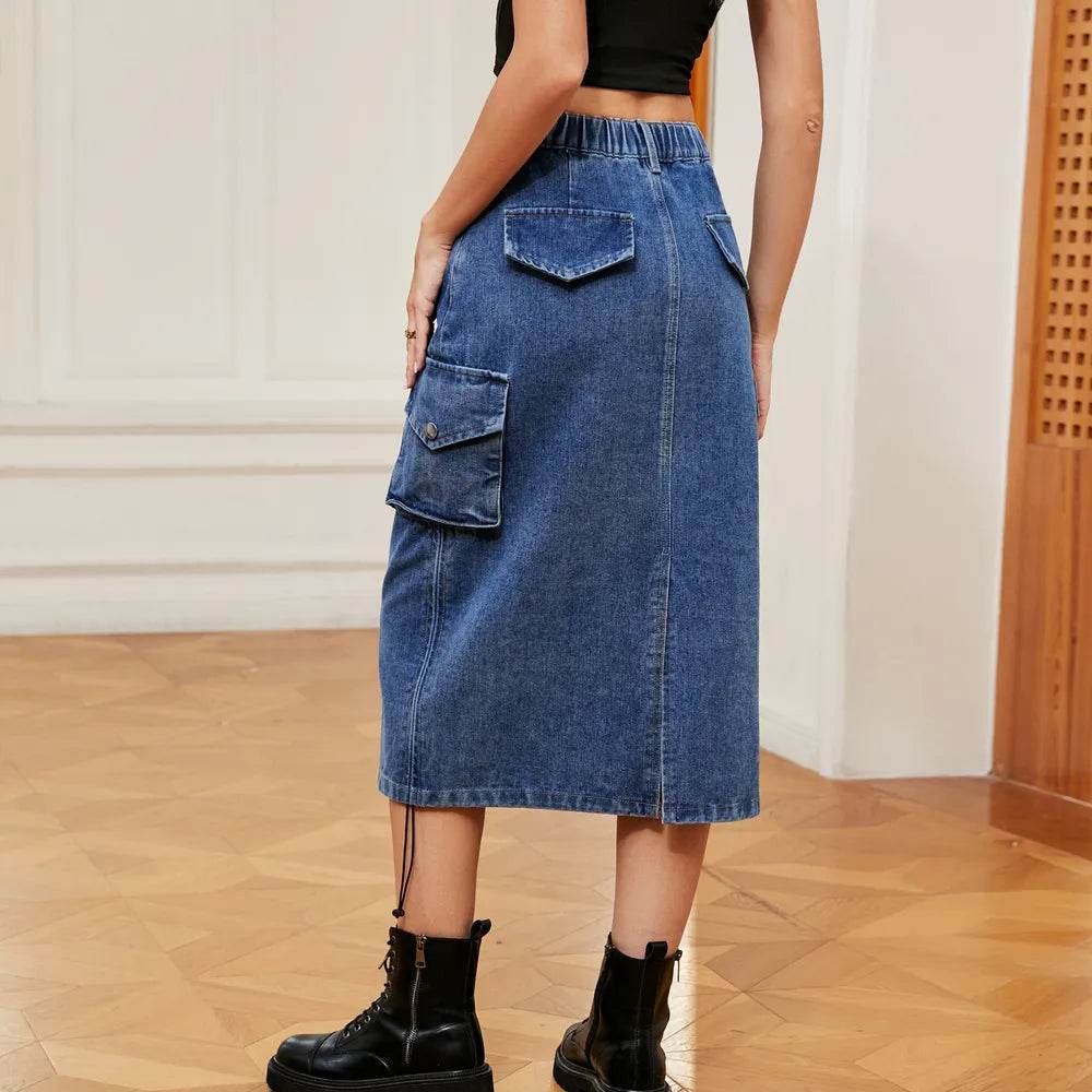 Drawstring Ruched Slit Denim Midi Skirt Trendsi a04c32cc-aa4d-4739-b087-2f9dbb386786-Max