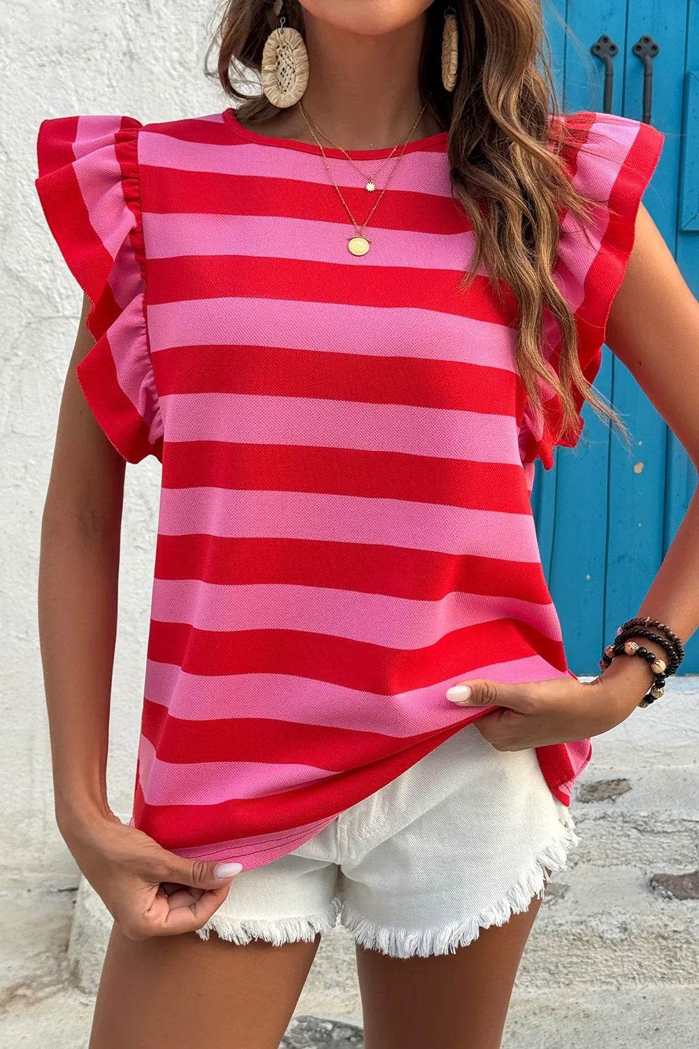 Striped Ruffle Sleeve Summer T-Shirt Trendsi a07188bf-5dc6-4154-9f1b-7429625054da-Max-Origin