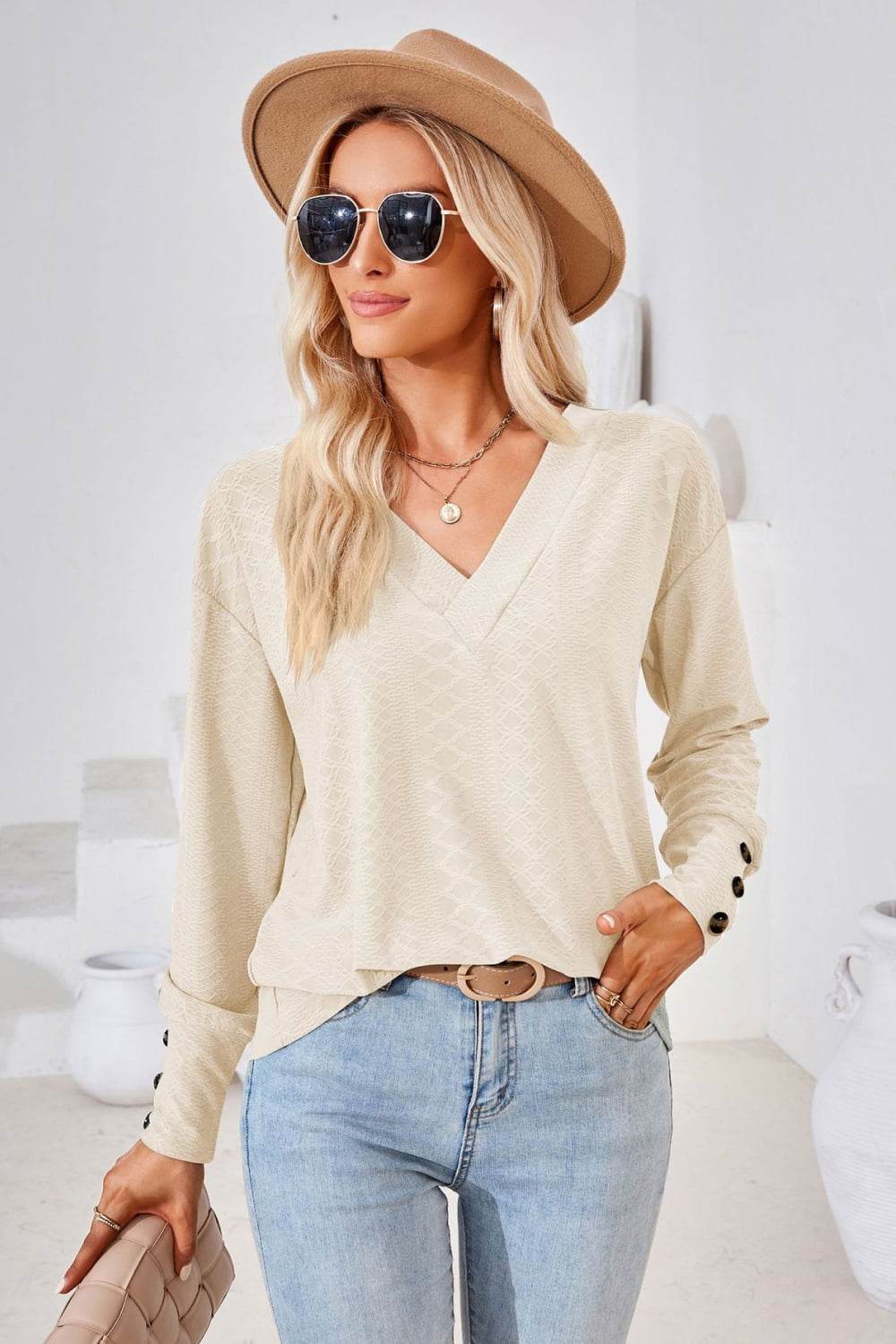 V-Neck Long Sleeve Blouse Cream Trendsi a08026fa87f745d3bed061aa71b3dc44-Max