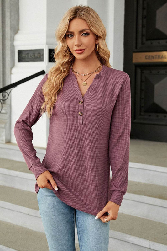 V-Neck Long Sleeve Blouse Trendsi a099639743e549a2a75db6dcb3178b6e-Max