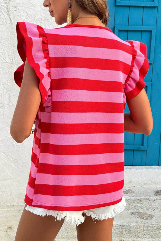 Striped Ruffle Sleeve Summer T-Shirt Trendsi a10d1019-91a2-40fe-9226-7797a753902b-Max-Origin