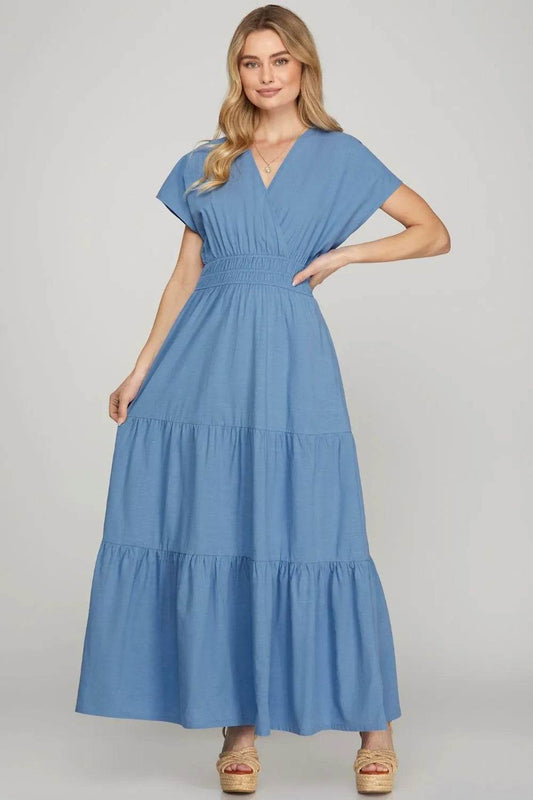 She + Sky Surplice Short Sleeve Tiered Maxi Dress With Pockets Cerulean Trendsi a130f587-8cba-4c6d-b1cd-ea6e02748b8c-Max