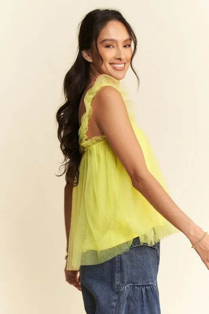 Davi & Dani Shirred Ruffle Strap Tulle Babydoll Top Trendsi a142b0a1f95e492b91f9fa03dfeb1c7b-Max-Origin