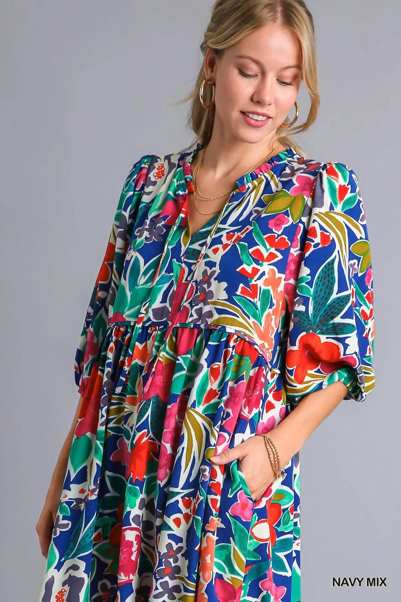 Umgee Floral Print Tie Neck Midi Dress with Pockets Trendsi a149bbf9-6821-45f4-a8ad-d5acf57b0156-Max-Origin