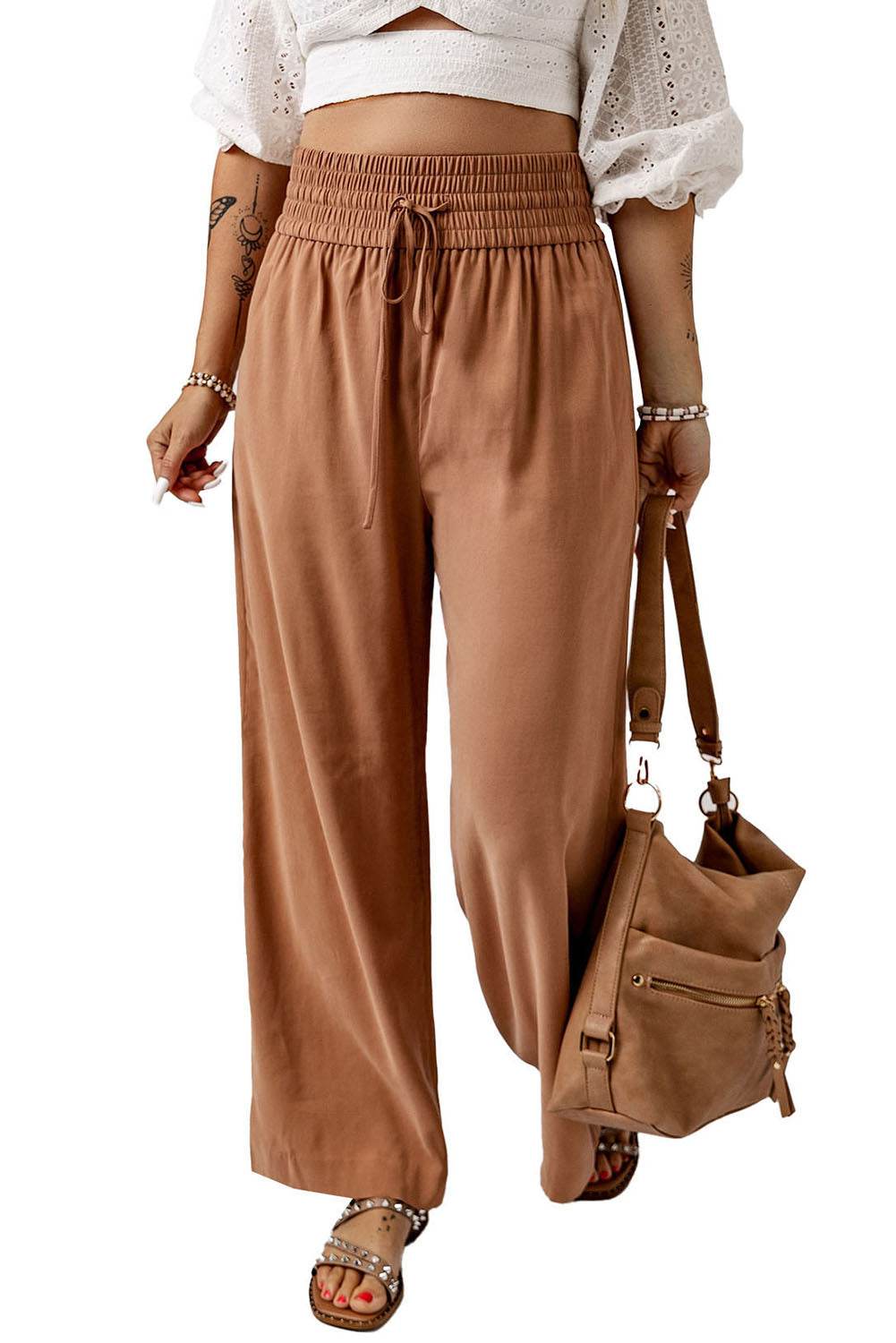 Drawstring Smocked Waist Wide Leg Pants Trendsi a16c27aaf6bc4c949b10164592adec34-Max