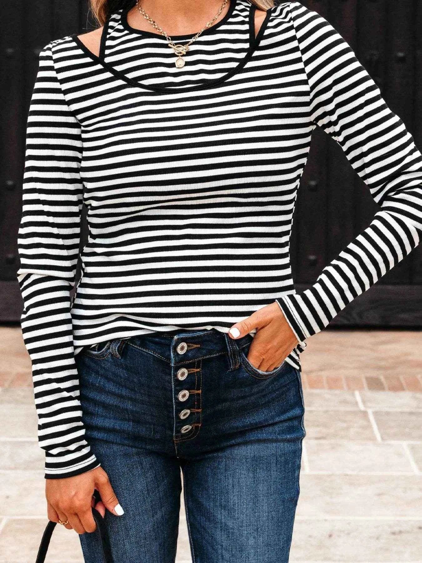 Stripe Double-layer Cold Shoulder Long Sleeve Top Trendsi a16d7d22-8d47-47ba-985d-62045274de0f-Max-Origin