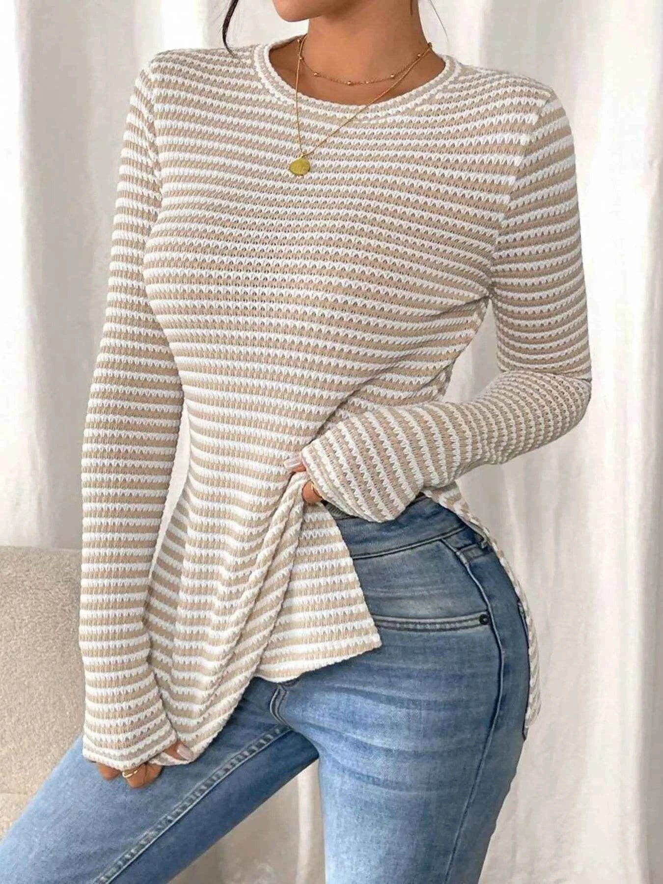 Side Slit Striped Long Sleeve T-Shirt Apricot Trendsi a17f508a80cf4eeeb5c6573a97c22b4a-Max-Origin