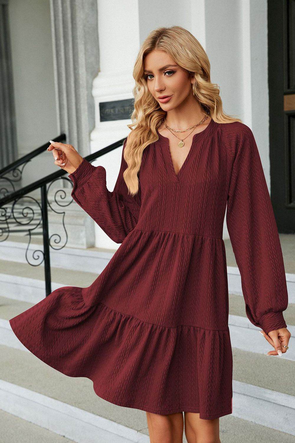 Notched Neck Long Sleeve Mini Dress Burgundy Trendsi a17f9e447e294de1888e34afa5ec855b-Max