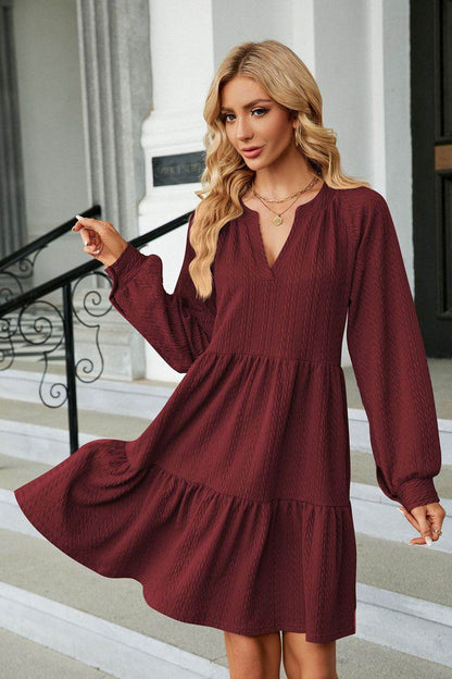 Notched Neck Long Sleeve Mini Dress Burgundy Trendsi a17f9e447e294de1888e34afa5ec855b-Max