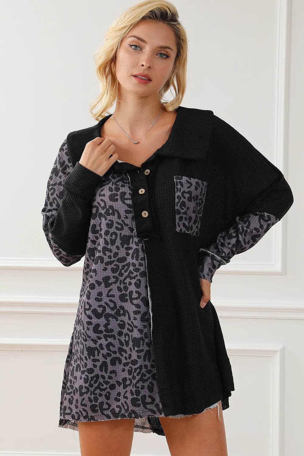 Half Button Leopard Collared Neck Blouse Trendsi a193f447ff194bc0848c06ea1d6a63de-Max